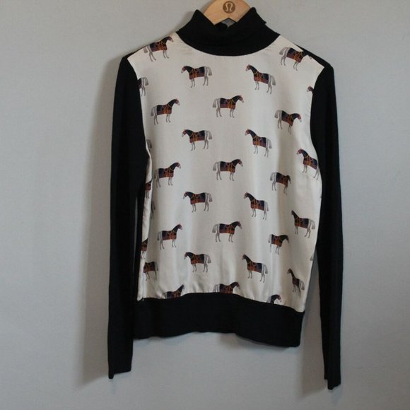 Tory Burch Etty Horse Pony Print Silk & Wool Lightweight Sweater Medium H11972 - Picture 2 of 12
